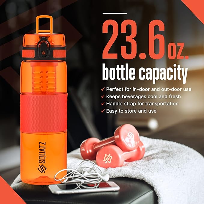 SQUATZ 24 Oz Poseidon Series Sports Water Bottle - Premium Quality Wide Mouth Gym Juice Protein Flask with Fruit Infuser Strainer, Carrying Strap, Leak Resistance, and Zero Condensation,Orange