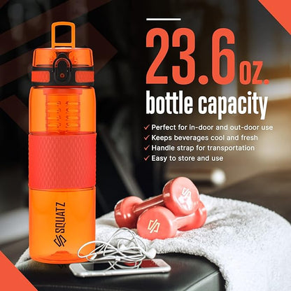 SQUATZ 24 Oz Poseidon Series Sports Water Bottle - Premium Quality Wide Mouth Gym Juice Protein Flask with Fruit Infuser Strainer, Carrying Strap, Leak Resistance, and Zero Condensation,Orange