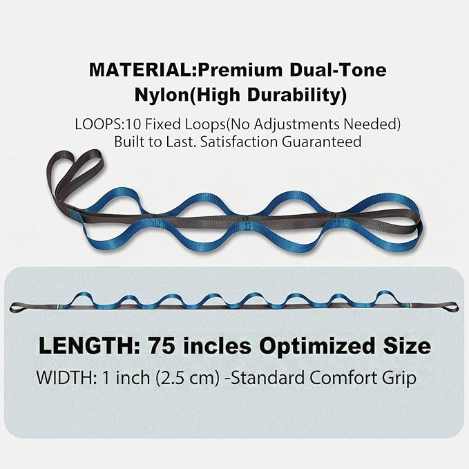 Stretching Strap with 10 Loops – Non-Elastic Yoga Strap for Physical Therapy, Knee Replacement Recovery & Plantar Fasciitis – Leg Stretcher Band for Flexibility & Hamstring Rehab