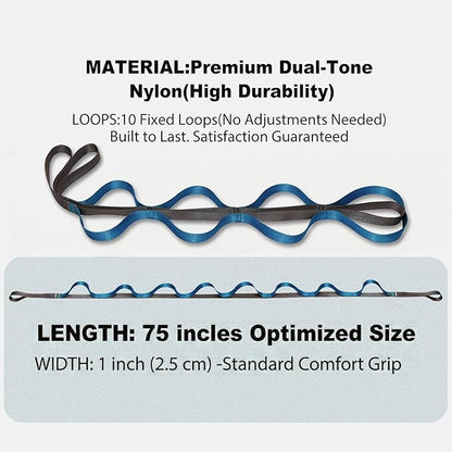 Stretching Strap with 10 Loops – Non-Elastic Yoga Strap for Physical Therapy, Knee Replacement Recovery & Plantar Fasciitis – Leg Stretcher Band for Flexibility & Hamstring Rehab