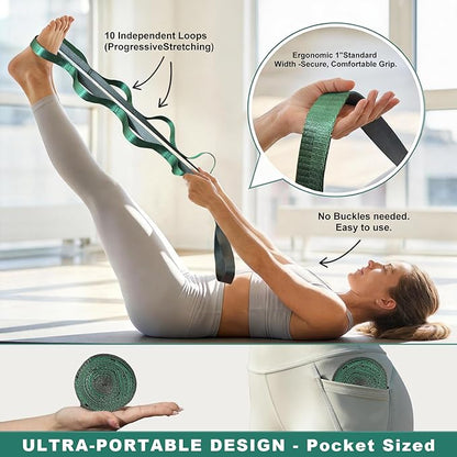 Stretching Strap with 10 Loops – Non-Elastic Yoga Strap for Physical Therapy, Knee Replacement Recovery & Plantar Fasciitis – Leg Stretcher Band for Flexibility & Hamstring Rehab