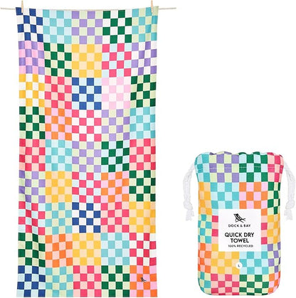 Dock & Bay Kid's Towel - Quick Dry, Sand Free - Compact, Lightweight - 100% Recycled - Includes Bag - Check Me Out - Large (160x90cm, 63x35)