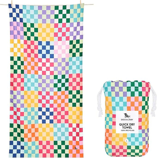 Dock & Bay Kid's Towel - Quick Dry, Sand Free - Compact, Lightweight - 100% Recycled - Includes Bag - Check Me Out - Large (160x90cm, 63x35)