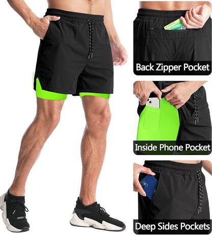 Aolesy Men's 2 in 1 Running Shorts 5" Workout Gym Athletic Shorts for Men Quick Dry Lightweight Training Shorts with Pockets