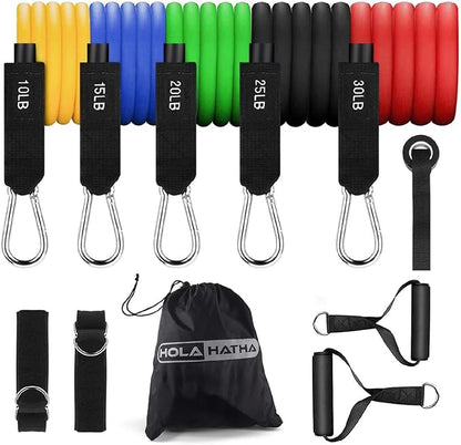 HolaHatha Resistance Band Fitness Set - 100-Pound Max, Home Gym Workout Kit with 5 Bands, Handles, Ankle Loops, Door Anchor, & Carry Bag