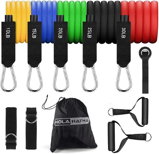 HolaHatha Resistance Band Fitness Set - 100-Pound Max, Home Gym Workout Kit with 5 Bands, Handles, Ankle Loops, Door Anchor, & Carry Bag
