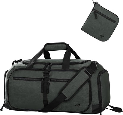 MIER Foldable Duffle Bag with Shoe Compartment 50L Travel Duffel Bags for Men Women Packable Overnight Bag for Camping Gym Weekender, Green Gray