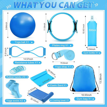 24 Pcs Home Pilates Essentials Kit for Women, Pilates Equipment Ring and Ball Set with Stretching Strap, Water Bottle, Magic Circle, Yoga Ring, Gym Bag, Resistance Band, Anti Slip Socks