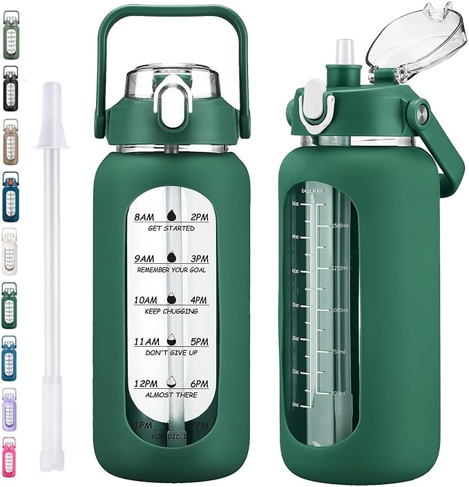 kytffu 64oz Glass Water Bottles with Straw, Half Gallon Motivational Glass Bottle with Silicone Sleeve and Time Marker, 2L Leakproof Large Glass Water Jug for Gym Home Office, Ink Green