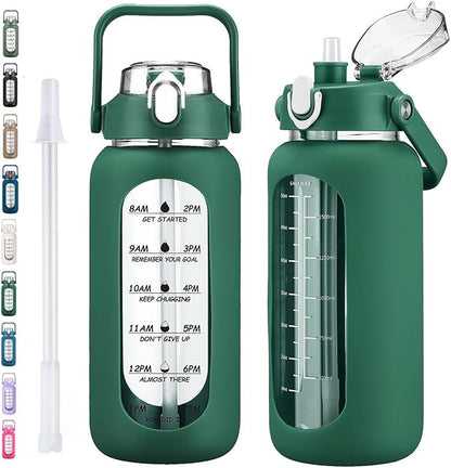 kytffu 64oz Glass Water Bottles with Straw, Half Gallon Motivational Glass Bottle with Silicone Sleeve and Time Marker, 2L Leakproof Large Glass Water Jug for Gym Home Office, Ink Green
