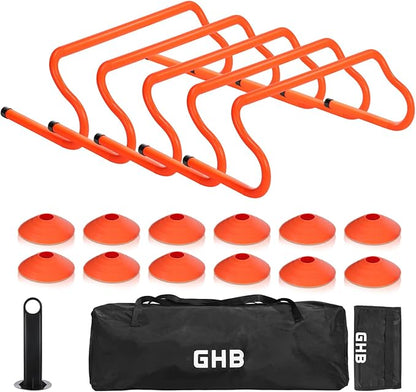 GHB Speed Agility Training Equipment, 5 Pack Agility Hurdles Soccer Cones 12 Pack Detachable Sturdy Hurdles Training Equipment Set with Carry Bag for Athletes,Soccer,Basketball