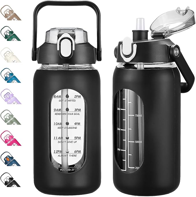 kytffu 42oz Glass Water Bottles with Straw, Motivational Glass Bottle with Silicone Sleeve and Time Marker, Leakproof Large Glass Water Jug for Gym Home Office,Black