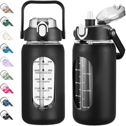 kytffu 42oz Glass Water Bottles with Straw, Motivational Glass Bottle with Silicone Sleeve and Time Marker, Leakproof Large Glass Water Jug for Gym Home Office,Black