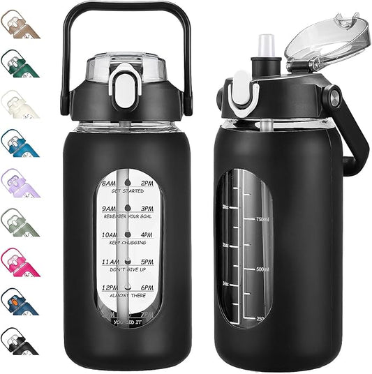 kytffu 42oz Glass Water Bottles with Straw, Motivational Glass Bottle with Silicone Sleeve and Time Marker, Leakproof Large Glass Water Jug for Gym Home Office,Black