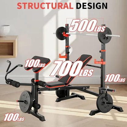 Foldable 1500LBS 8 in 1 Olympic Weight Bench Set with Leg Extension/Curl, Adjustable Weight Bench for Men & Women Full Body Workout, Bench Press with Preacher Curl（US Stock）