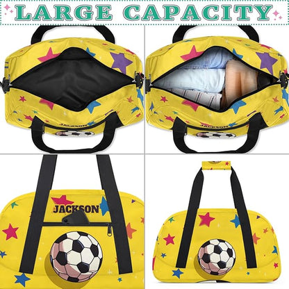 Custom Name Soccer Gym Duffel Bags for Kids Boys with Personalized Sport Training Travel Bags for Overnight Weekender, Yellow