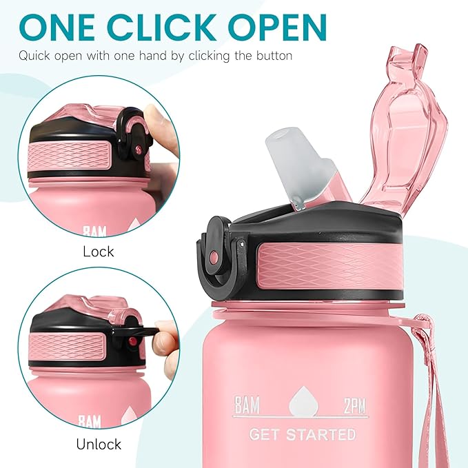 32 oz Water Bottles with Times to Drink and Straw, Motivational Water Bottle with Time Marker, Leakproof & BPA Free, Drinking Sports Water Bottle WIth Hand Strap for Fitness, Gym & Outdoor (pink)