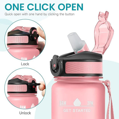 32 oz Water Bottles with Times to Drink and Straw, Motivational Water Bottle with Time Marker, Leakproof & BPA Free, Drinking Sports Water Bottle WIth Hand Strap for Fitness, Gym & Outdoor (pink)
