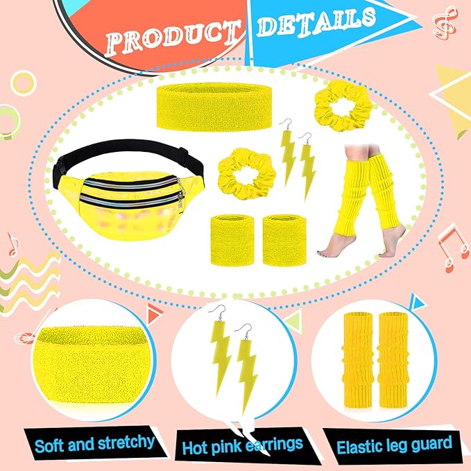 80s Neon Workout Costume Accessories Set 10 PCS Leg Warmers for Women 80s Headband Wristband Fanny Pack for Yoga Running