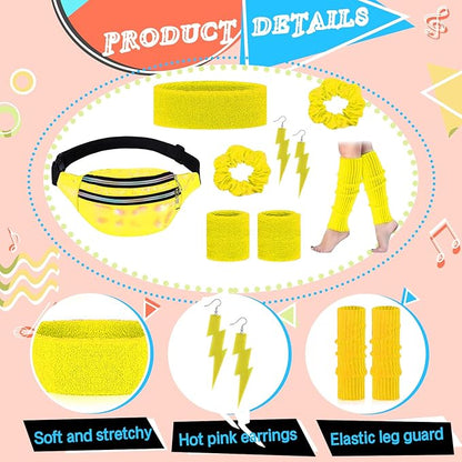 80s Neon Workout Costume Accessories Set 10 PCS Leg Warmers for Women 80s Headband Wristband Fanny Pack for Yoga Running