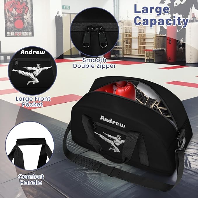 Custom Name Taekwondo Karate Duffle Bag for kids Boy Girls - Personalized Martial Arts Gear Bag, Water-Resistant Sparring Equipment Bag, Black Taekwondo