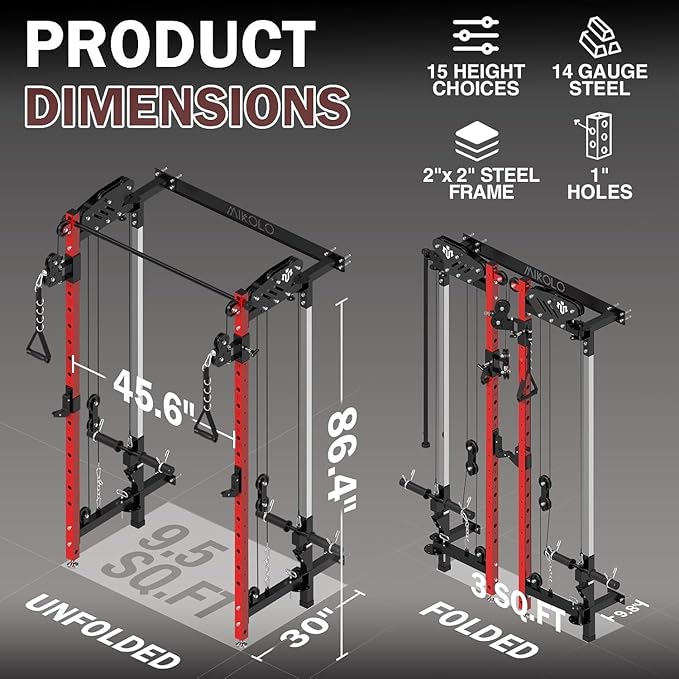 Mikolo Folding Squat Rack, Wall Mounted Power Rack with Cable Crossover Machine & LAT Pull Down, Functional Trainer with 5 Adjustable Function Modes, for Home Gym and Space Saving