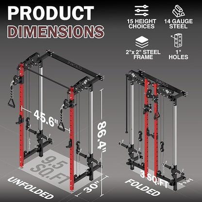 Mikolo Folding Squat Rack, Wall Mounted Power Rack with Cable Crossover Machine & LAT Pull Down, Functional Trainer with 5 Adjustable Function Modes, for Home Gym and Space Saving