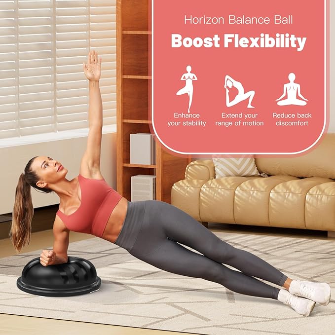 BODYRHYTHM 2 in 1 Balance Ball & Plank Board Trainer with Free iOS/Android App & 4 Free Games for Full Body Workout - Half Exercise Yoga Ball Trainer with 2 Bands & Pump for Strength Training