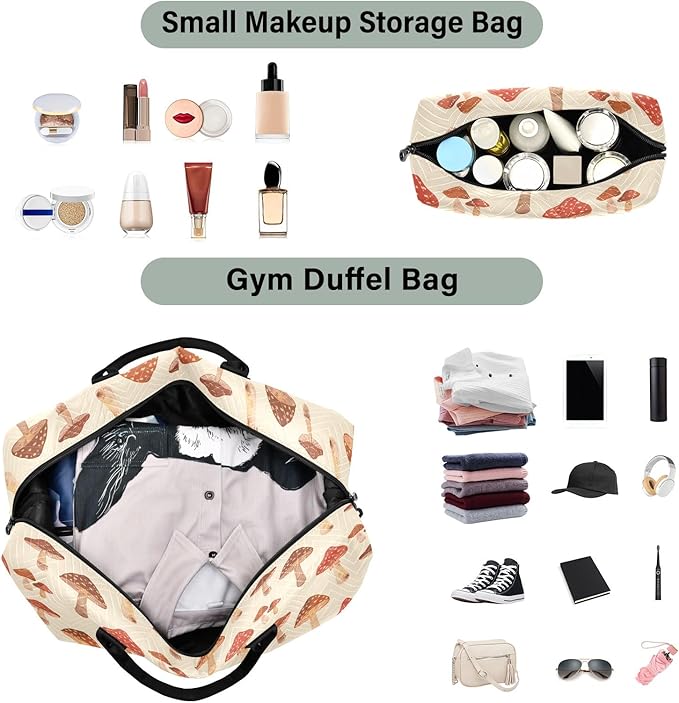 Weekender Bags Travel Duffel Gym Bag Mushrooms Retro Carry on Overnight Tote Bag with Toiletry Bag for Airplane Travel Trip Gym Yoga