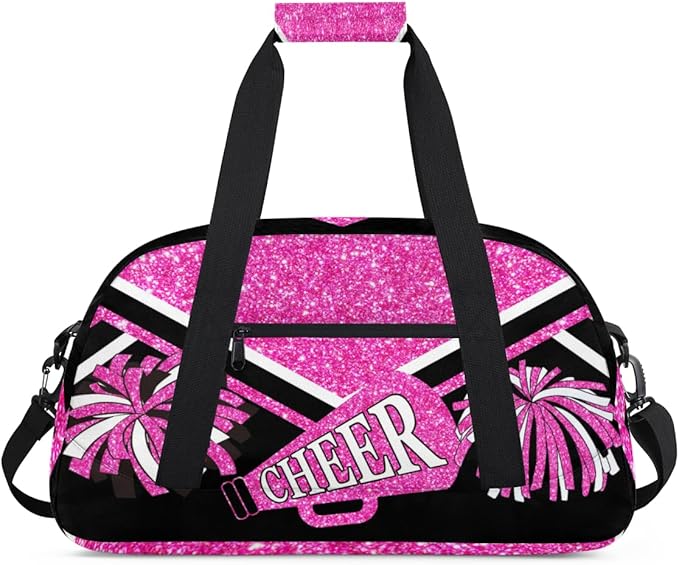 Cheerleading Bags for Girls, Overnight Sports Duffel Cheer Bags Workout Training Dance - Pink Shiny Glitters Print Effect with Black - Sport Gym Bag Travel Practice Gymnastics Duffel Bag