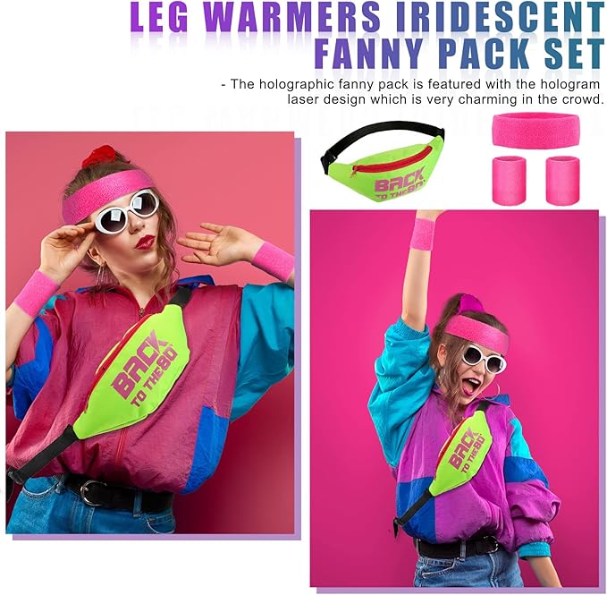 SATINIOR 80s Women Workout Outfit Neon Leg Warmer Headband Wristbands Fanny Pack Set 80s Accessories for Yoga Running
