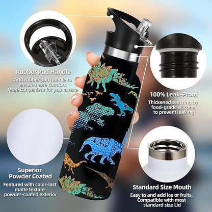 Dinosaur Sport Water Bottle with Straw, Vacuum Insulated Stainless Steel Thermal Drinking Travel Mug Cups For Gym Fitness Camping-20oz/600ml