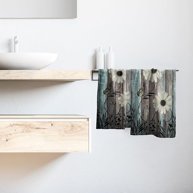 Rustic Barn White Daisy Hand Towels Flower Butterfly Teal Turquoise Brown Wooden Farmhouse Absorbent Kitchen Towels Spring Vintage Floral Soft Quick Dry Microfiber Dish Towels For Kitchen Bathroom