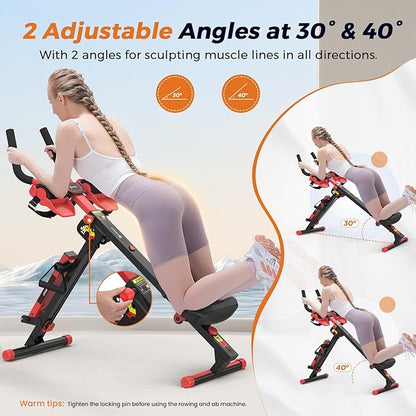 Ab Machine and Rowing Machine, 4 in 1 Rowing Machines for Home with 3 Levels of Workout Resistance, Quiet & Foldable Rower Machine with 3 Adjustable Handle Heights & LCD Monitor, Row Machine for Home