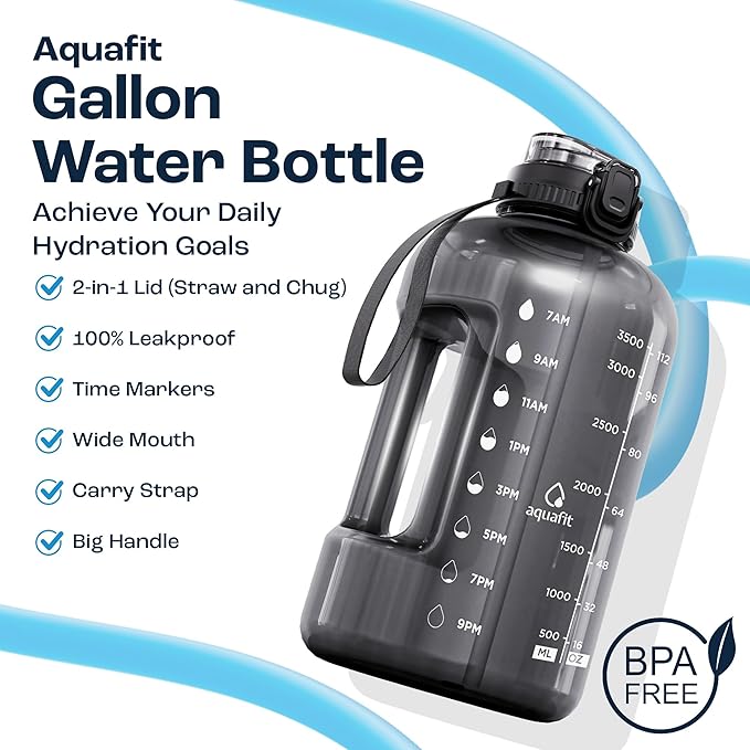AQUAFIT 1 Gallon Water Bottle with Time Marker - Straw & Chug Lid - BPA Free Gym Water Bottle with Straw - Big Gallon Jug (Midnight Black, 128 oz - 2in1 Lid)