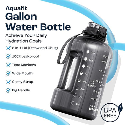 AQUAFIT 1 Gallon Water Bottle with Time Marker - Straw & Chug Lid - BPA Free Gym Water Bottle with Straw - Big Gallon Jug (Midnight Black, 128 oz - 2in1 Lid)