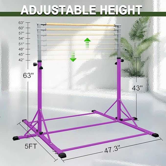 86 York Gymnastics Bar for Kids Ages 3-20, 5FT Base Length, 42" to 63" Adjustable Height, Horizontal Bar, Kip Bar for Gymnast, Gymnastic Training Equipment for Home, Gym Center