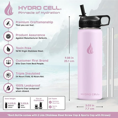 HYDRO CELL Stainless Steel Insulated Water Bottle with Straw - For Cold & Hot Drinks - Metal Vacuum Flask with Screw Cap and Modern Leakproof Sport Thermos for Adults (Pink 24oz)