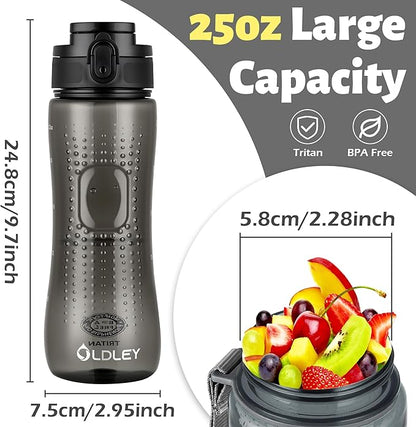 OLDLEY 25 oz Water Bottle, Motivational Water Bottle with Time Marker, Sports Water Bottle With Strap, Leakproof & BPA Free Large Water Bottles for School, Gym, Travel, Outdoor, Transparent Black