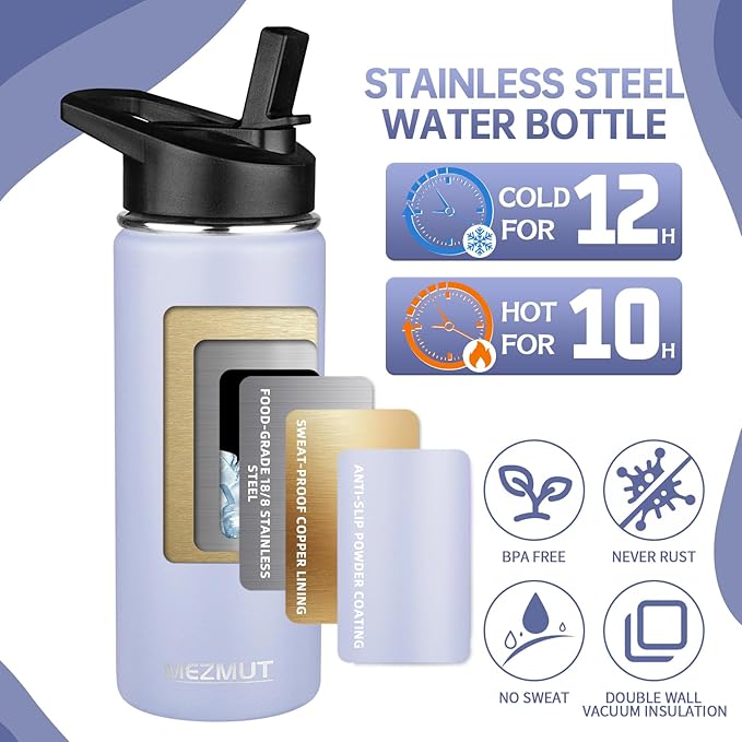 Insulated Water Bottle 18oz Stainless Steel Water Bottles with Straw&2 Lids, Kids Metal Cups Water Bottle Cup for School, Vacuum Insulated Bottles Leak-Proof Travel Cup, Purple