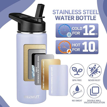 Insulated Water Bottle 18oz Stainless Steel Water Bottles with Straw&2 Lids, Kids Metal Cups Water Bottle Cup for School, Vacuum Insulated Bottles Leak-Proof Travel Cup, Purple