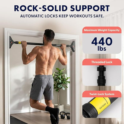 Squatz Doorway Pull Up Bar, Adjustable Door Frame Pull Up Bar with Level Meter, Locking Mechanism & Foam Grips, No Drill Chin Up Bar for Door Frame, Portable Design for Home Workouts
