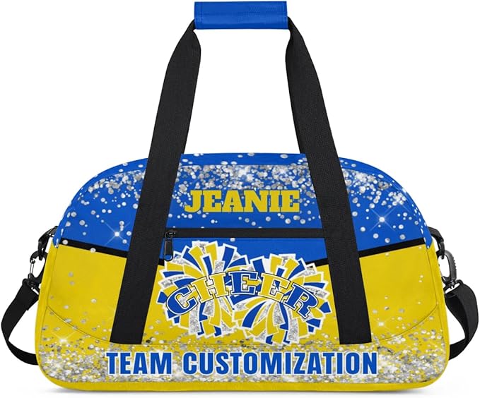 Personalized Cheer Gym Bags for Girls Kids Cheerleaders with Custom Name Sport Dance Perform Training Duffel Bags for Overnight Weekender Travel Blue Yellow