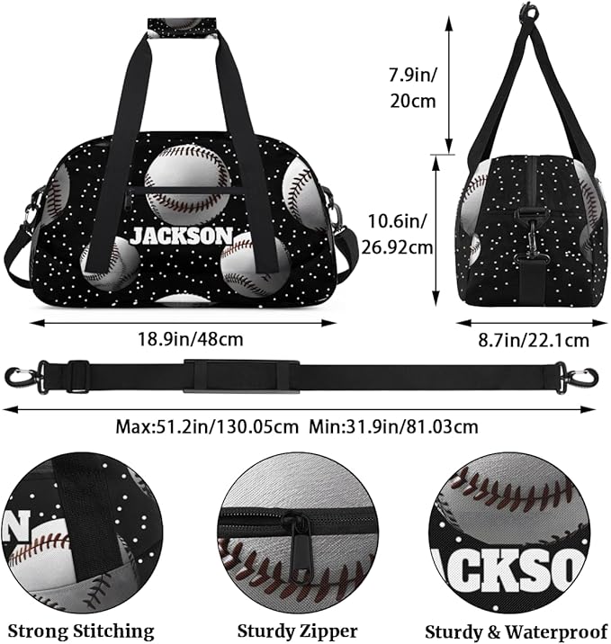 Personalized Baseball Gym Duffel Bags for Kids Boys with Custom Name Sport Training Travel Bags for Overnight Weekender, Black White