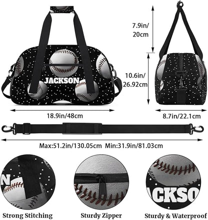 Personalized Baseball Gym Duffel Bags for Kids Boys with Custom Name Sport Training Travel Bags for Overnight Weekender, Black White