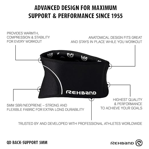 Rehband Back Support Black, Lower Back Support Belt made of 5mm SBR/Neoprene, Stabilization Belt for Back & Lumbar Spine for Sports & Daily Life, Colour:Black, Size:Small