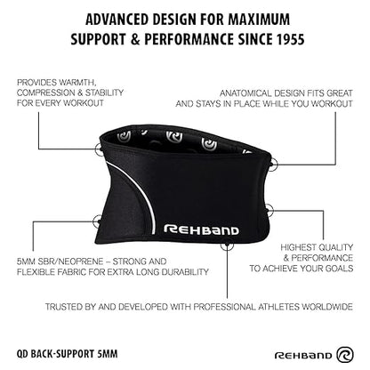 Rehband Back Support Black, Lower Back Support Belt made of 5mm SBR/Neoprene, Stabilization Belt for Back & Lumbar Spine for Sports & Daily Life