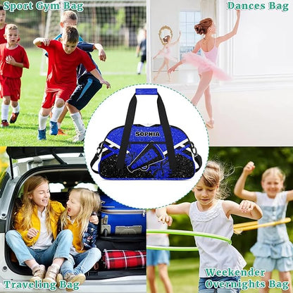 Personalized Cheer Duffle Bag - Customized Travel Overnight Weekender Bag for Cheerleaders - Royal Blue with Glitters Effect