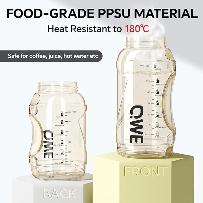 QWE Gym Plastic PPSU Water Bottles for men with Straw and Handle,Lightweight,54oz Large High-capacity for Hiking&Camping,Heat-resisting,Reusable, BPA Free,Double Drinking,leak proof(Black)