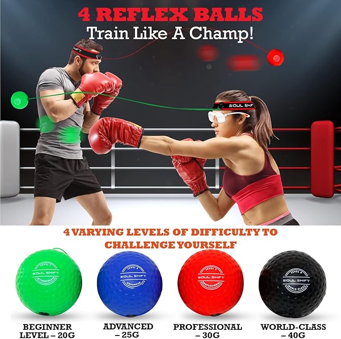 Soul Shift - Boxing Reflex Ball – Dual Competition Set | 2 Adjustable Headbands + 2 Training Balls + App Included | Speed, Agility & Hand-Eye Coordination for Adults & Kids | MMA Training Equipment